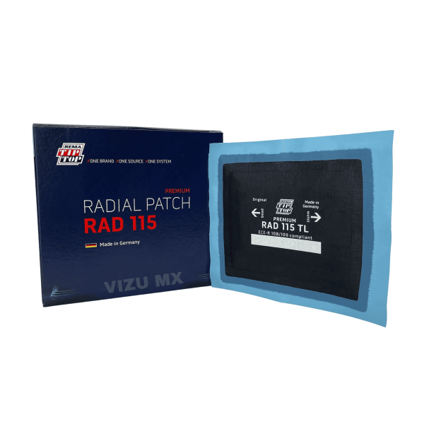 Parche radial Rema Tip Top 115 TL para reparación profesional de llantas, con empaque azul.