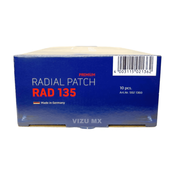 Parche radial Rema Tip Top 135 TL para reparación profesional de llantas, con empaque azul.