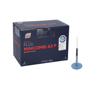 Caja de plugs Rema Tip Top Minicombi A3 para reparación profesional de llantas, con piezas mostradas al frente.