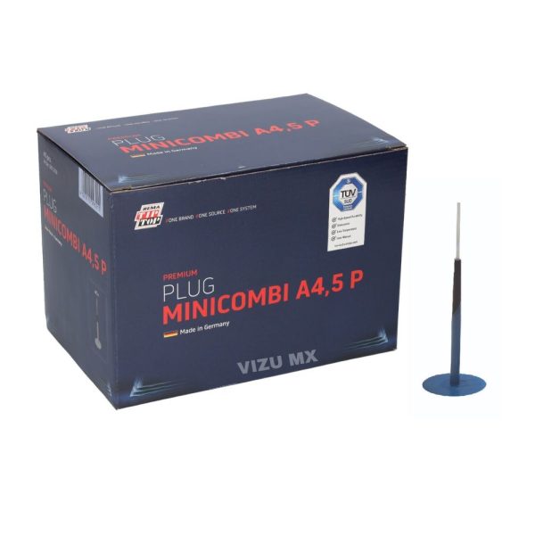 Caja de plugs Rema Tip Top Minicombi A4, 5 para reparación profesional de llantas, con piezas mostradas al frente.