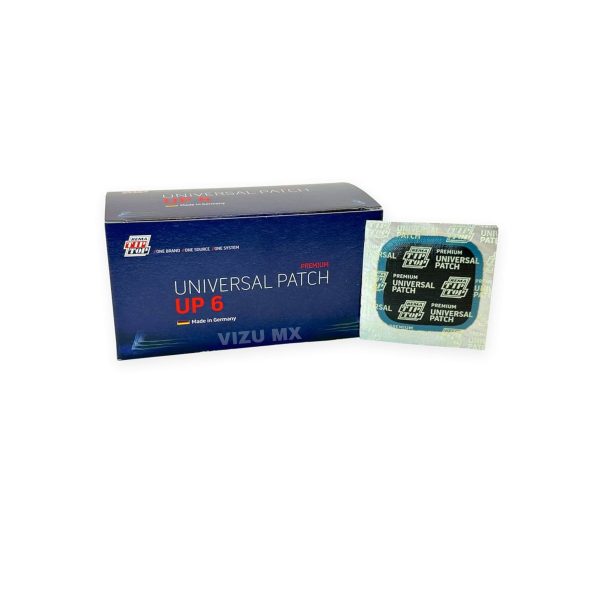 Caja de parches Rema Tip Top Universal UP 6 con un parche individual al frente