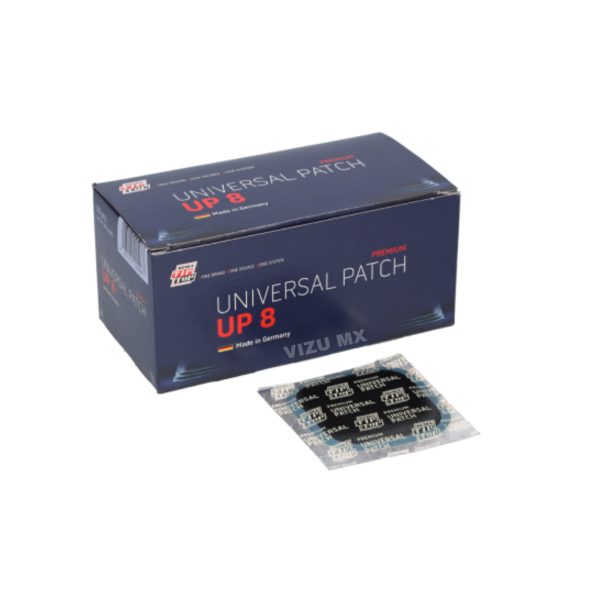 Caja de parches Rema Tip Top Universal UP 8 con un parche individual al frente